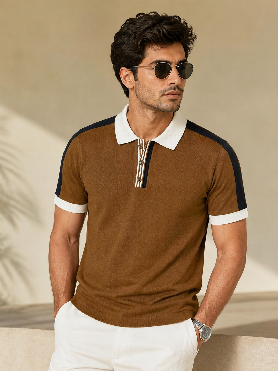 Classic Colourblocked Polo Collar Pure Cotton Slim Fit T-Shirt