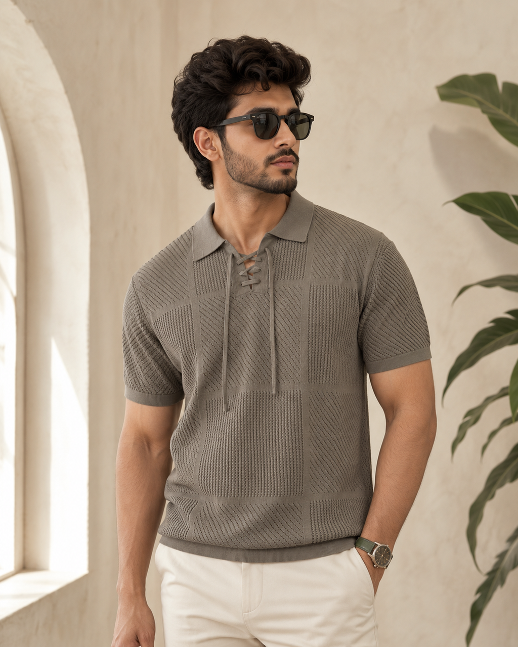Raimbera Men Henley Neck Knitted Pure Cotton T-shirt
