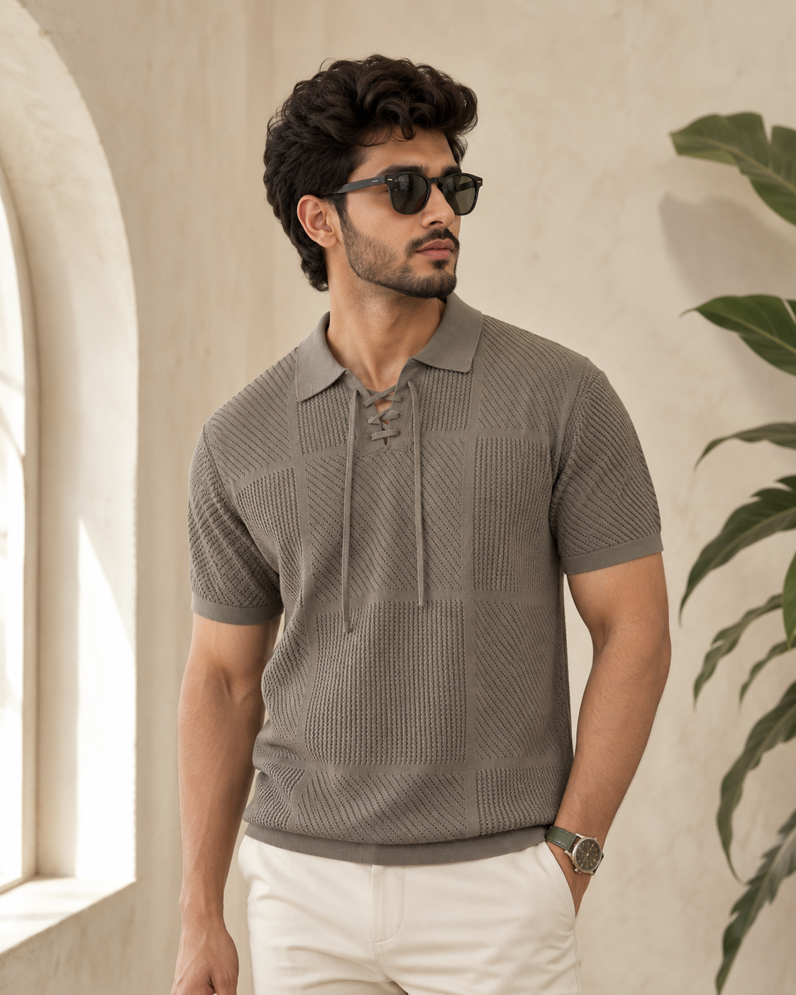 Raimbera Men Henley Neck Knitted Pure Cotton T-shirt