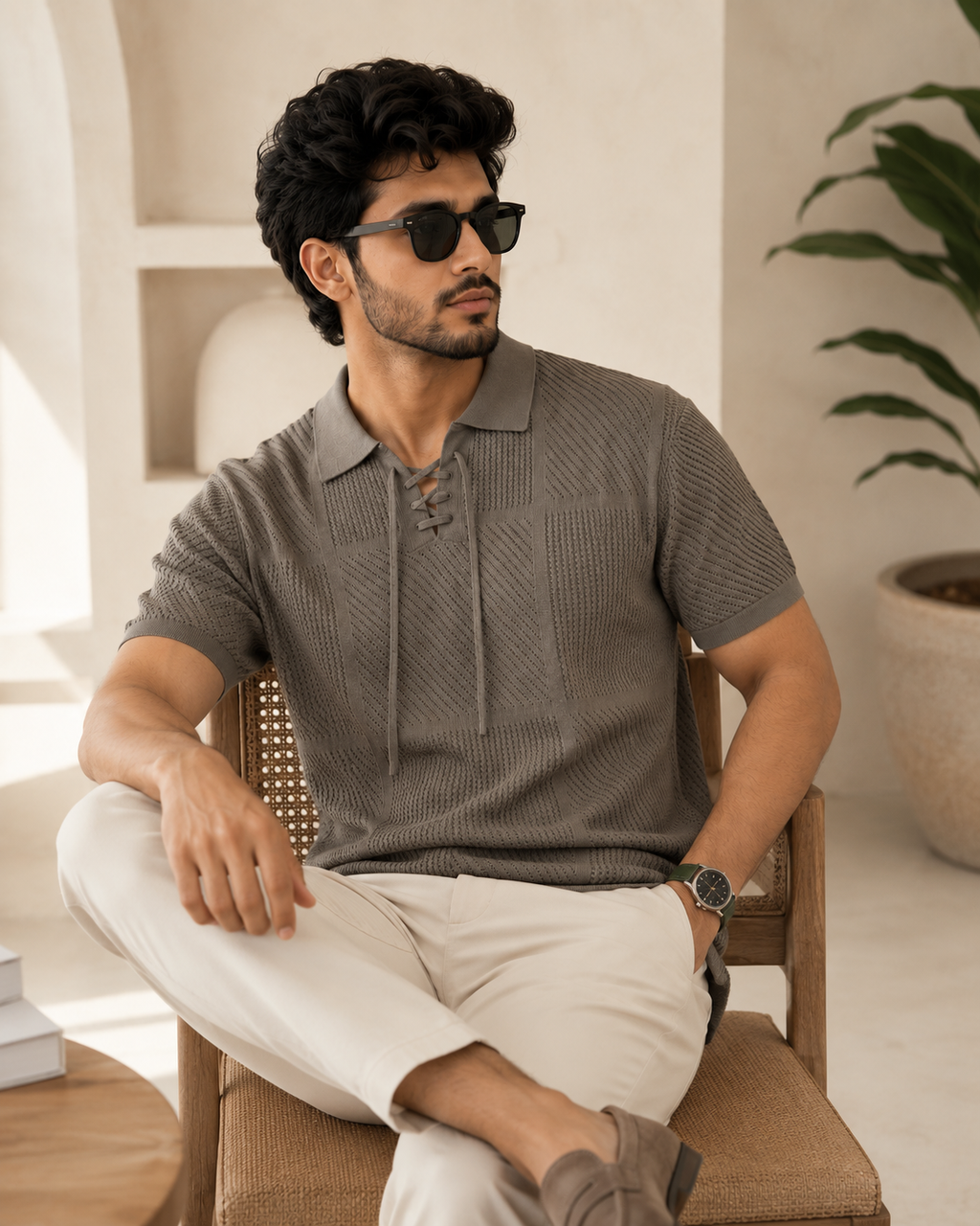 Raimbera Men Henley Neck Knitted Pure Cotton T-shirt
