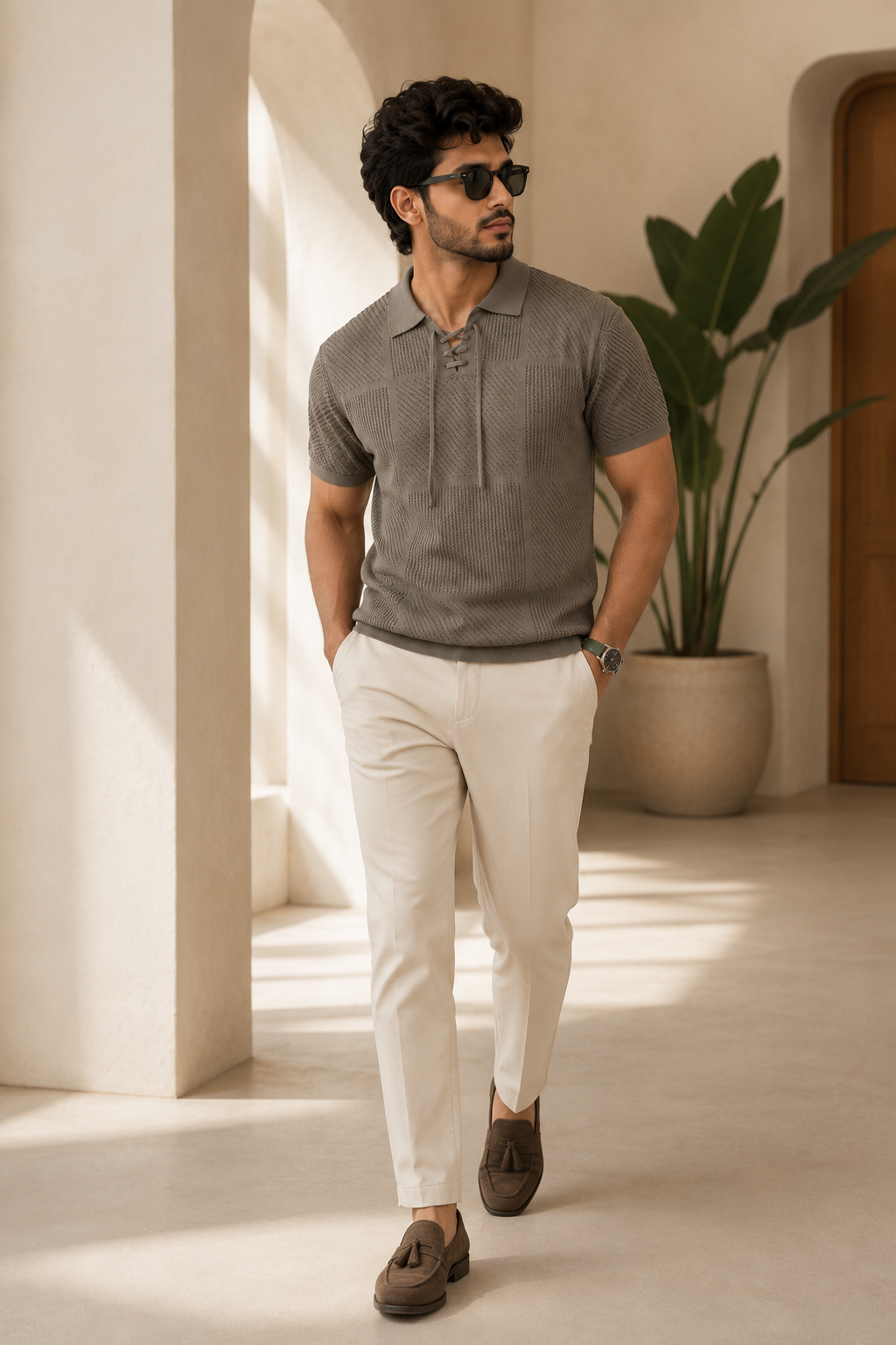Raimbera Men Henley Neck Knitted Pure Cotton T-shirt