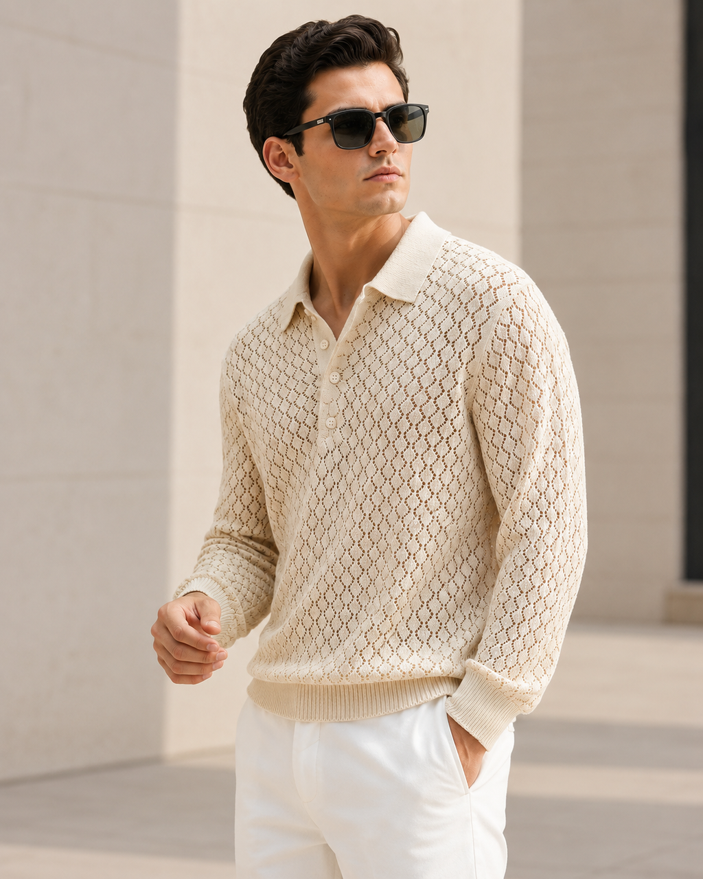 Raimbera Men Spread Collar Full Sleeve Cotton Blend Regular Fit Polo T-Shirt