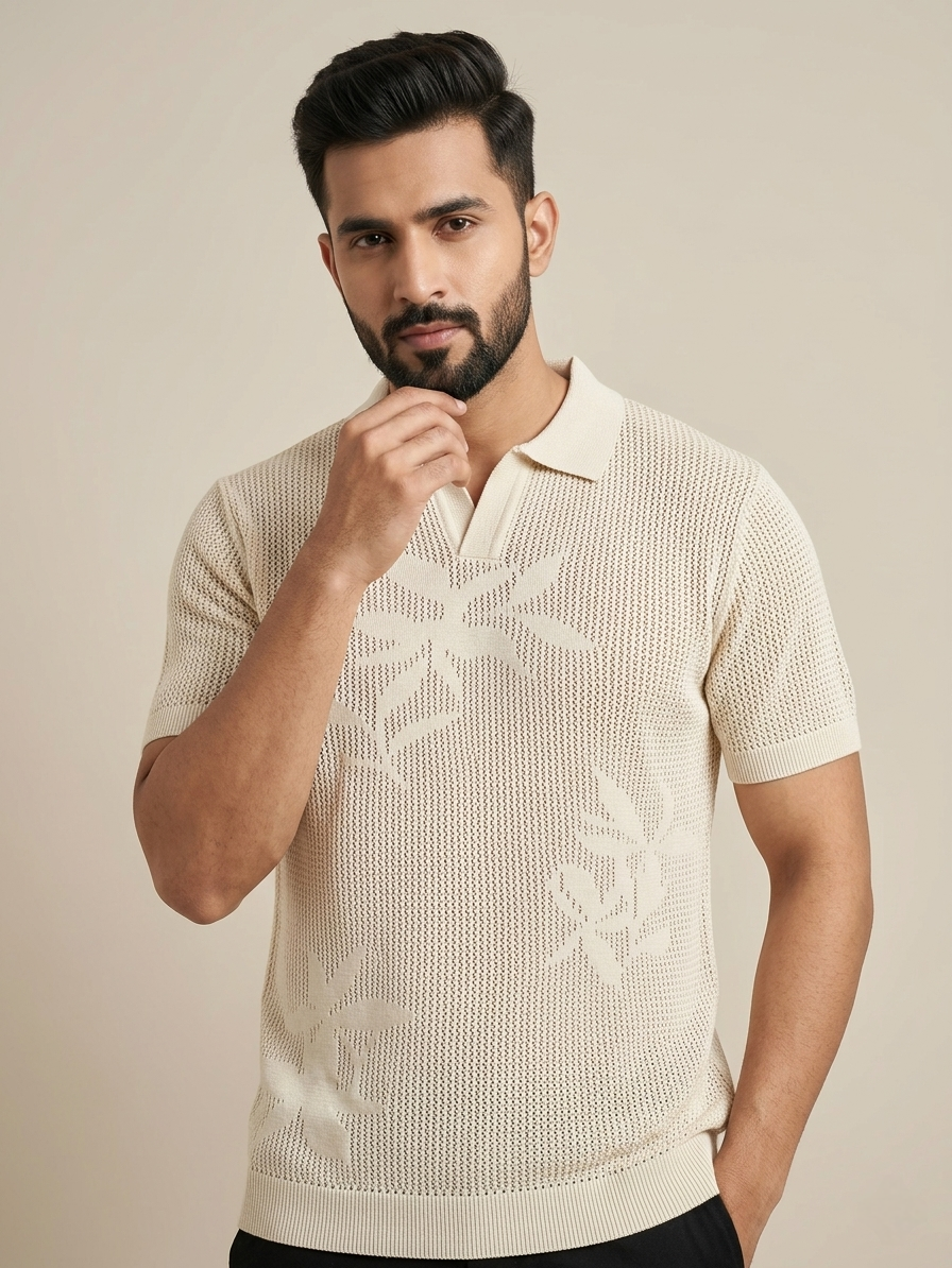 Raimbera Men's Cream Floral Net Cotton T-shirt