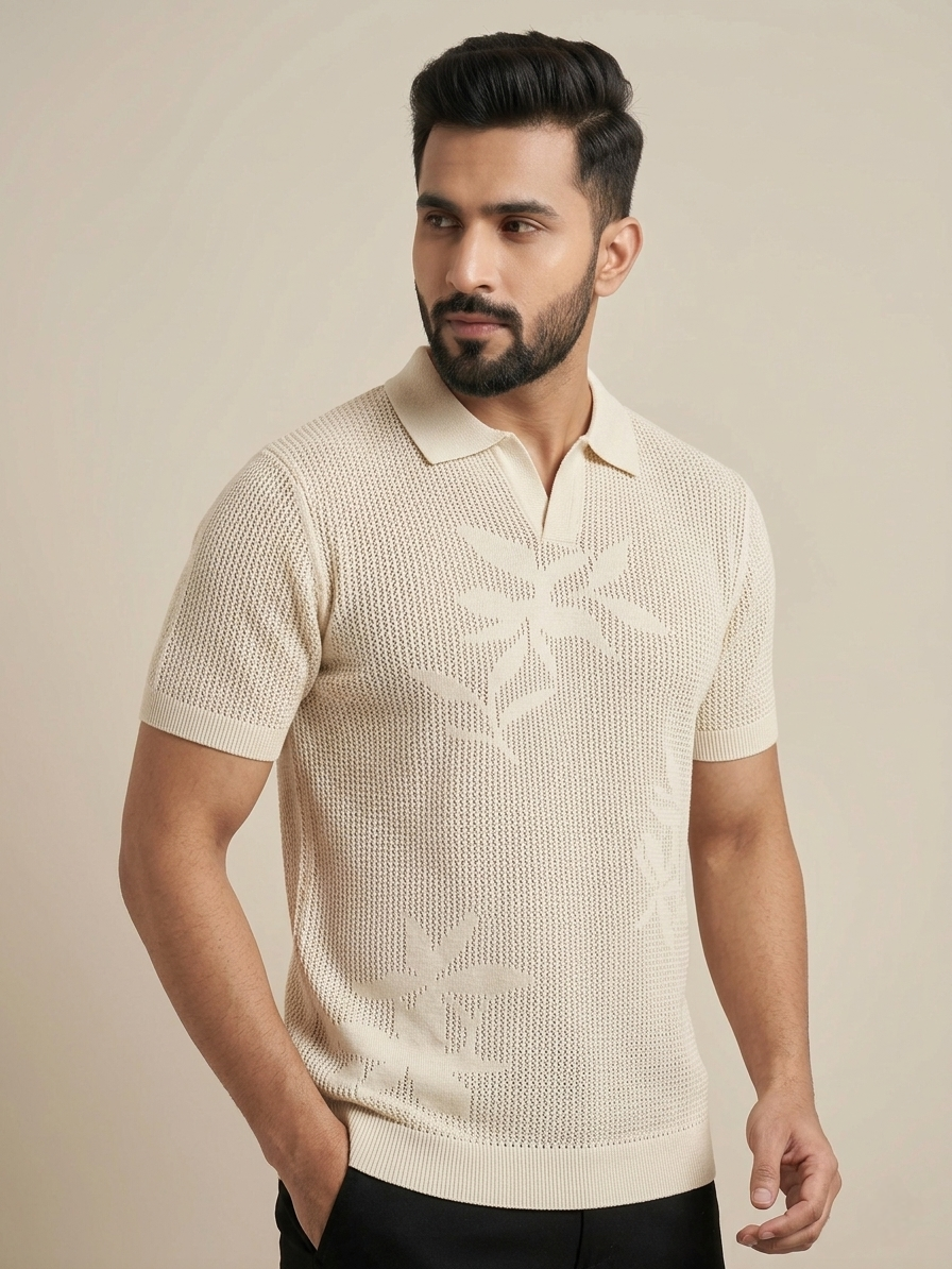 Raimbera Men's Cream Floral Net Cotton T-shirt