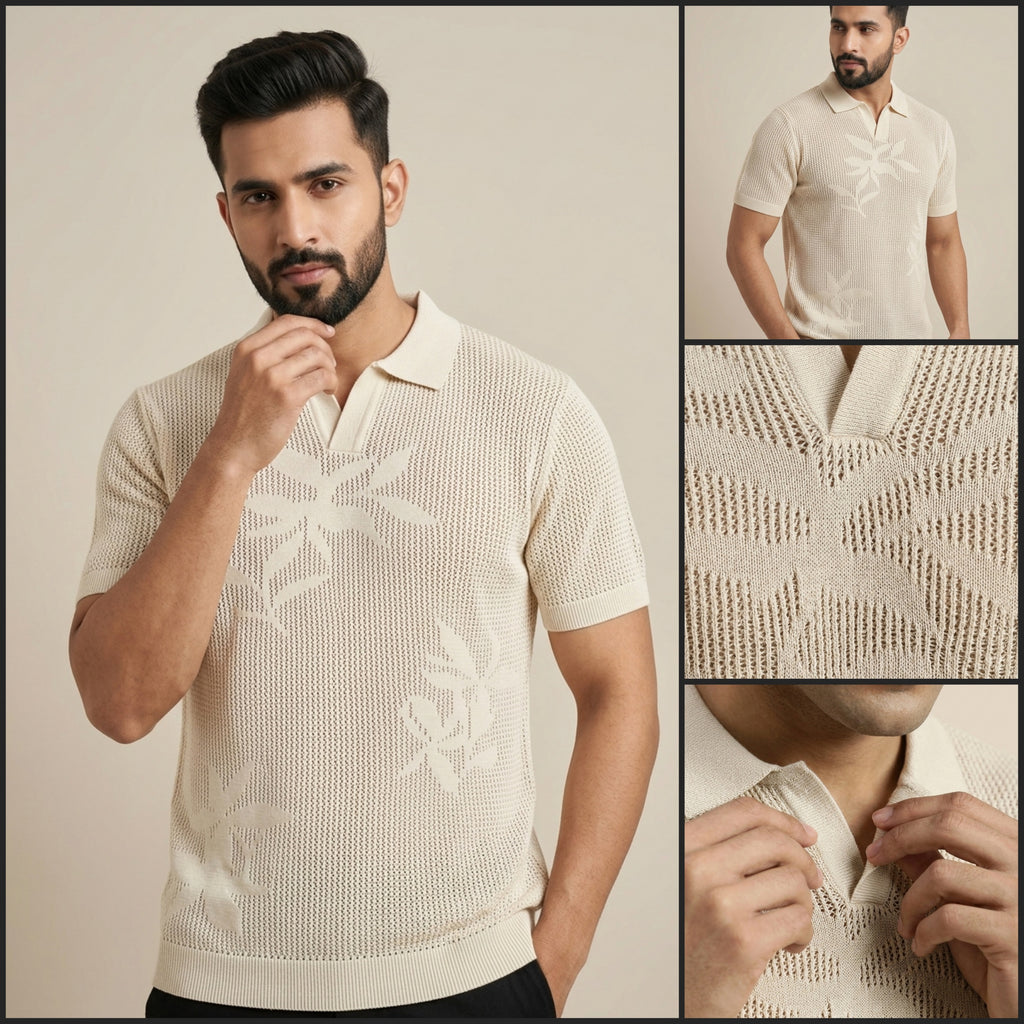 Raimbera Men's Cream Floral Net Cotton T-shirt