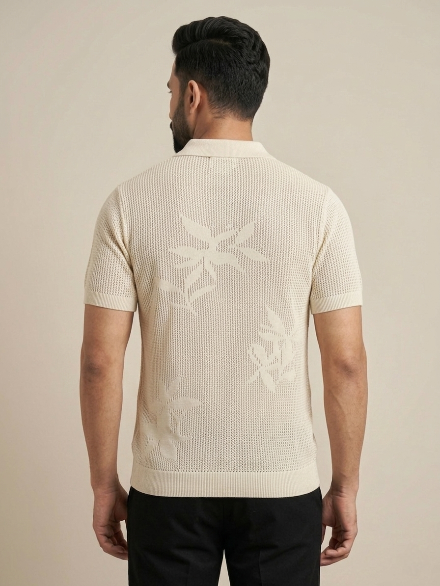Raimbera Men's Cream Floral Net Cotton T-shirt
