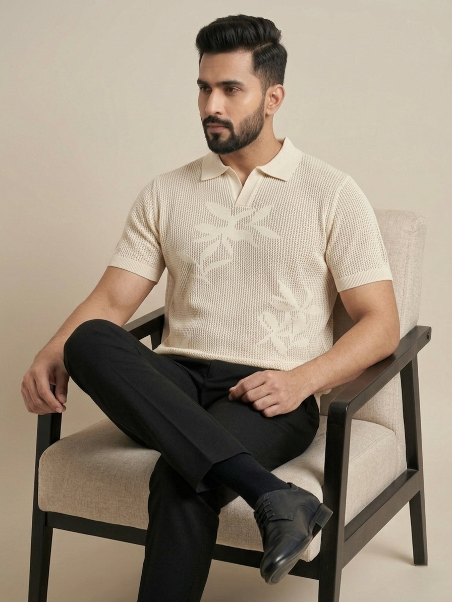 Raimbera Men's Cream Floral Net Cotton T-shirt