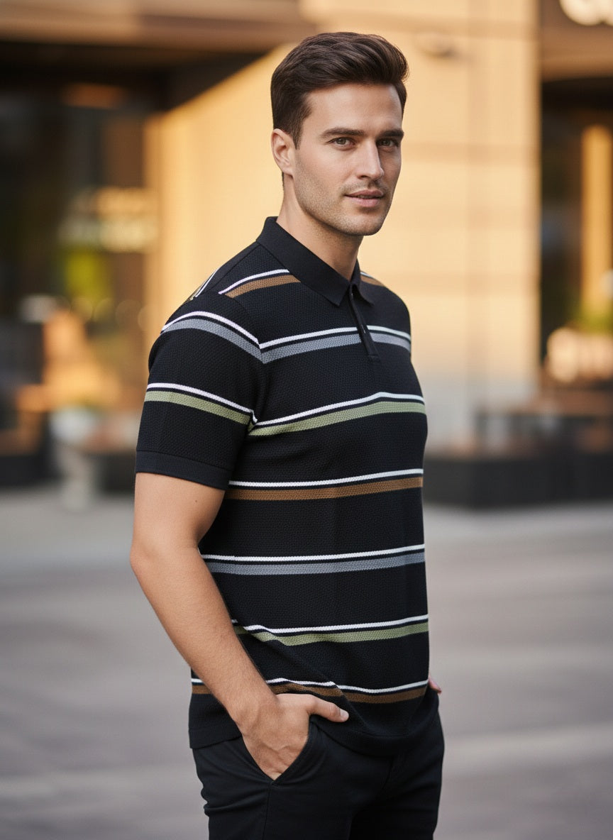 Black Premium Knitted Self Textured Polo T-shirt
