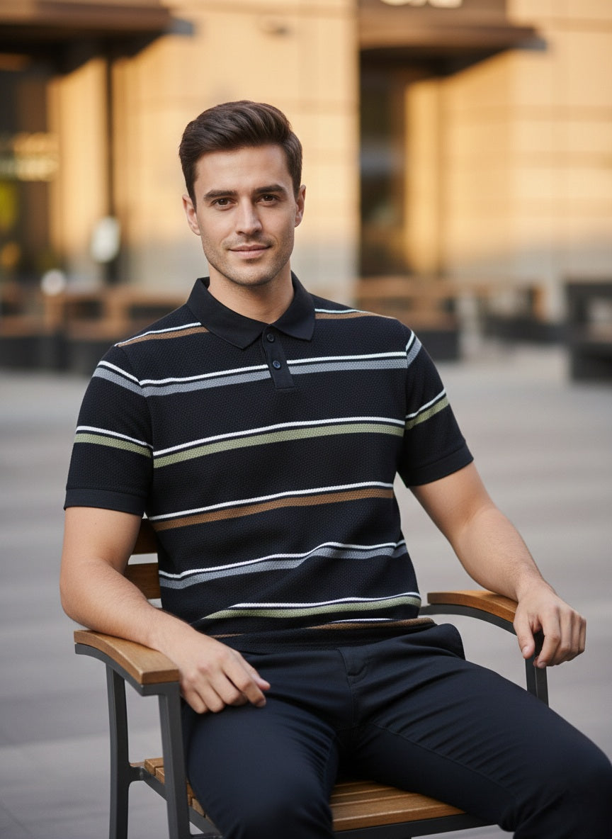Black Premium Knitted Self Textured Polo T-shirt