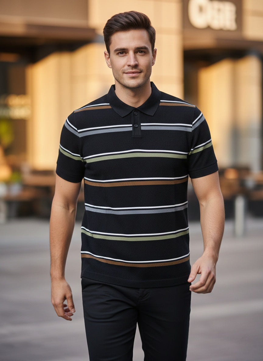 Black Premium Knitted Self Textured Polo T-shirt