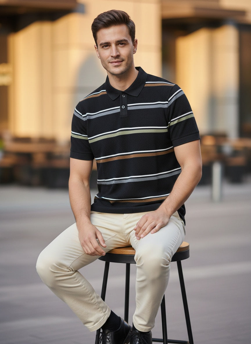 Black Premium Knitted Self Textured Polo T-shirt