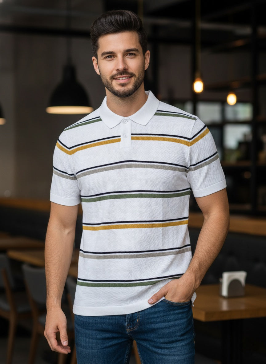 White Premium Knitted Self Textured Polo T-shirt