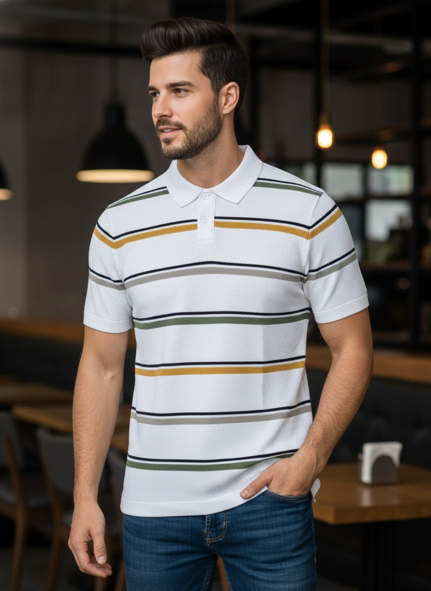 White Premium Knitted Self Textured Polo T-shirt