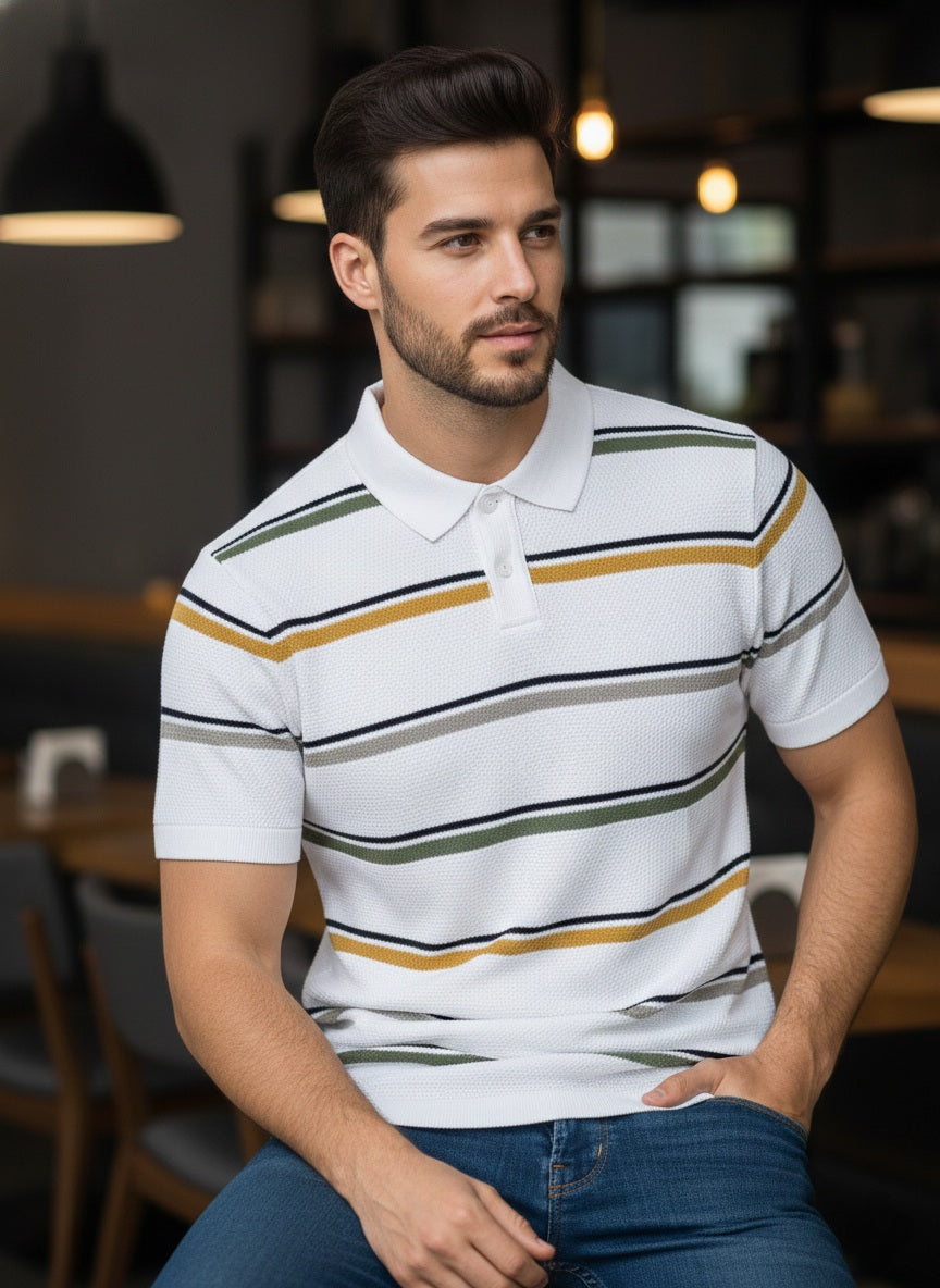 White Premium Knitted Self Textured Polo T-shirt
