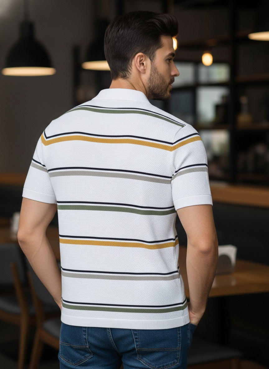 White Premium Knitted Self Textured Polo T-shirt