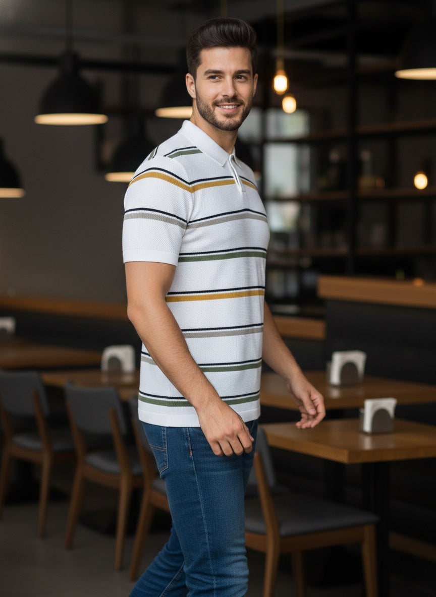 White Premium Knitted Self Textured Polo T-shirt