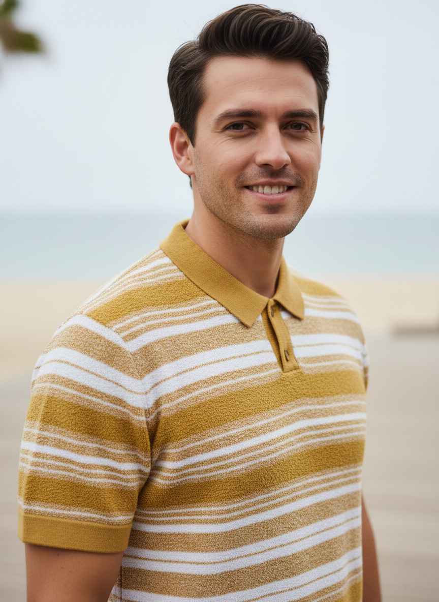 Yellow White Striped Towel Knitted Polo T-shirt
