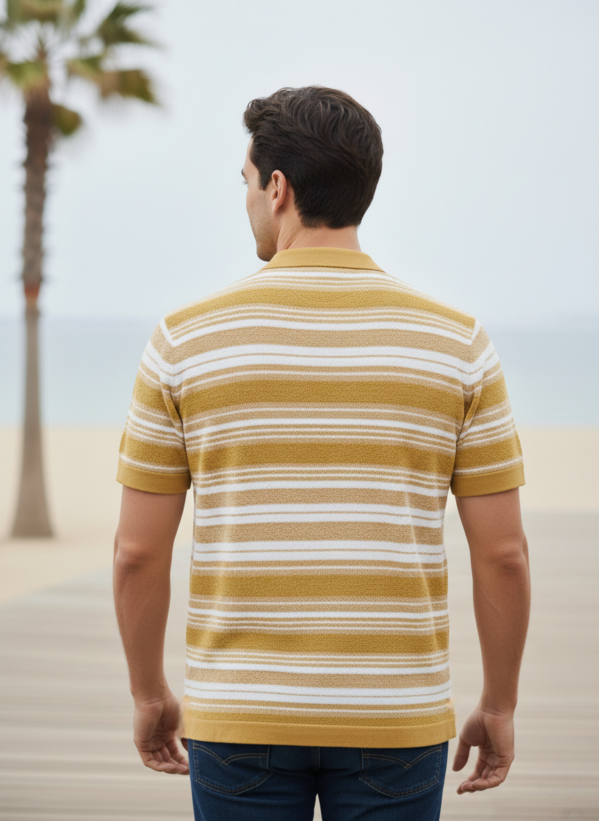 Yellow White Striped Towel Knitted Polo T-shirt