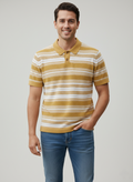 Yellow White Striped Towel Knitted Polo T-shirt