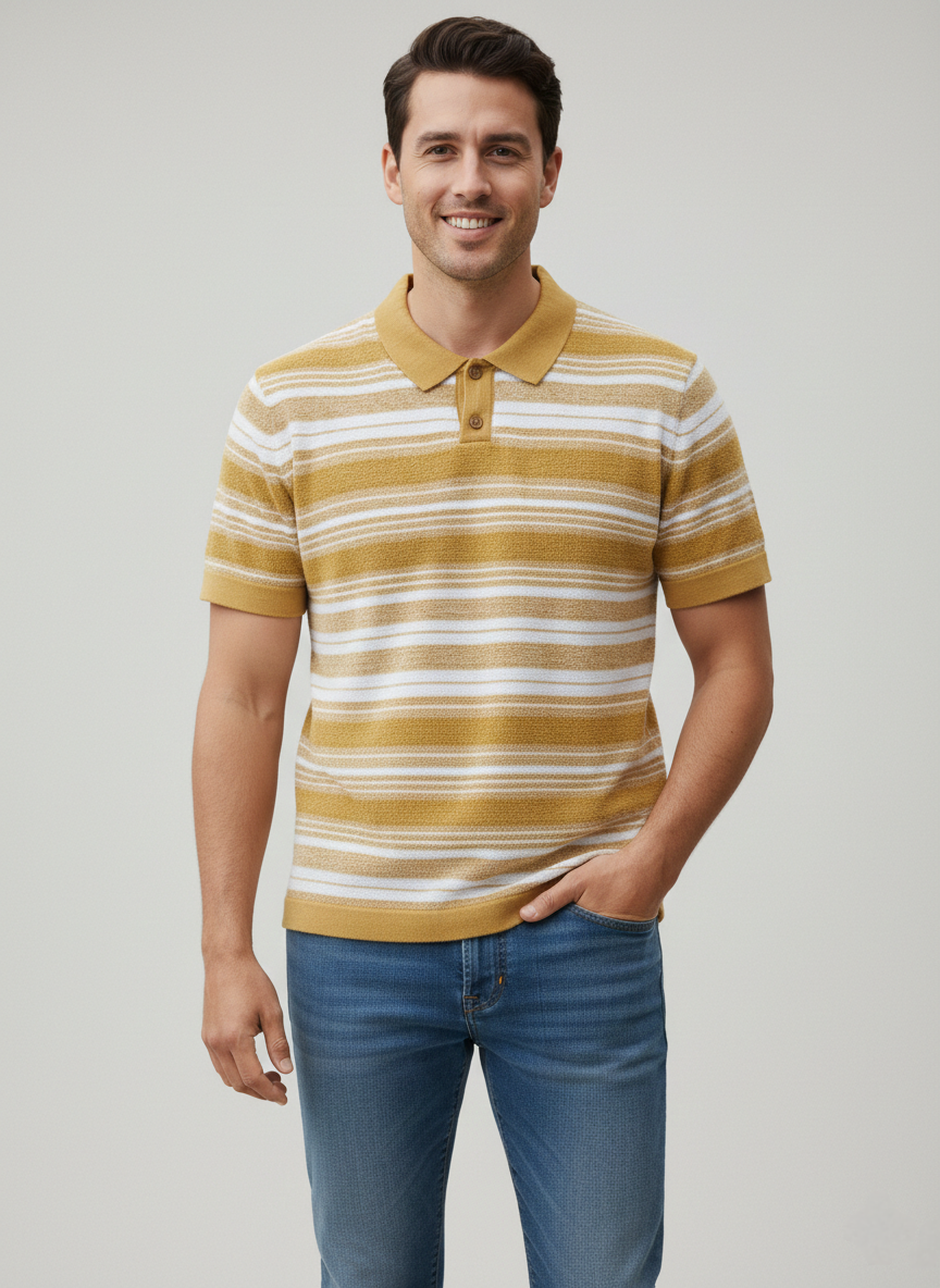 Yellow White Striped Towel Knitted Polo T-shirt