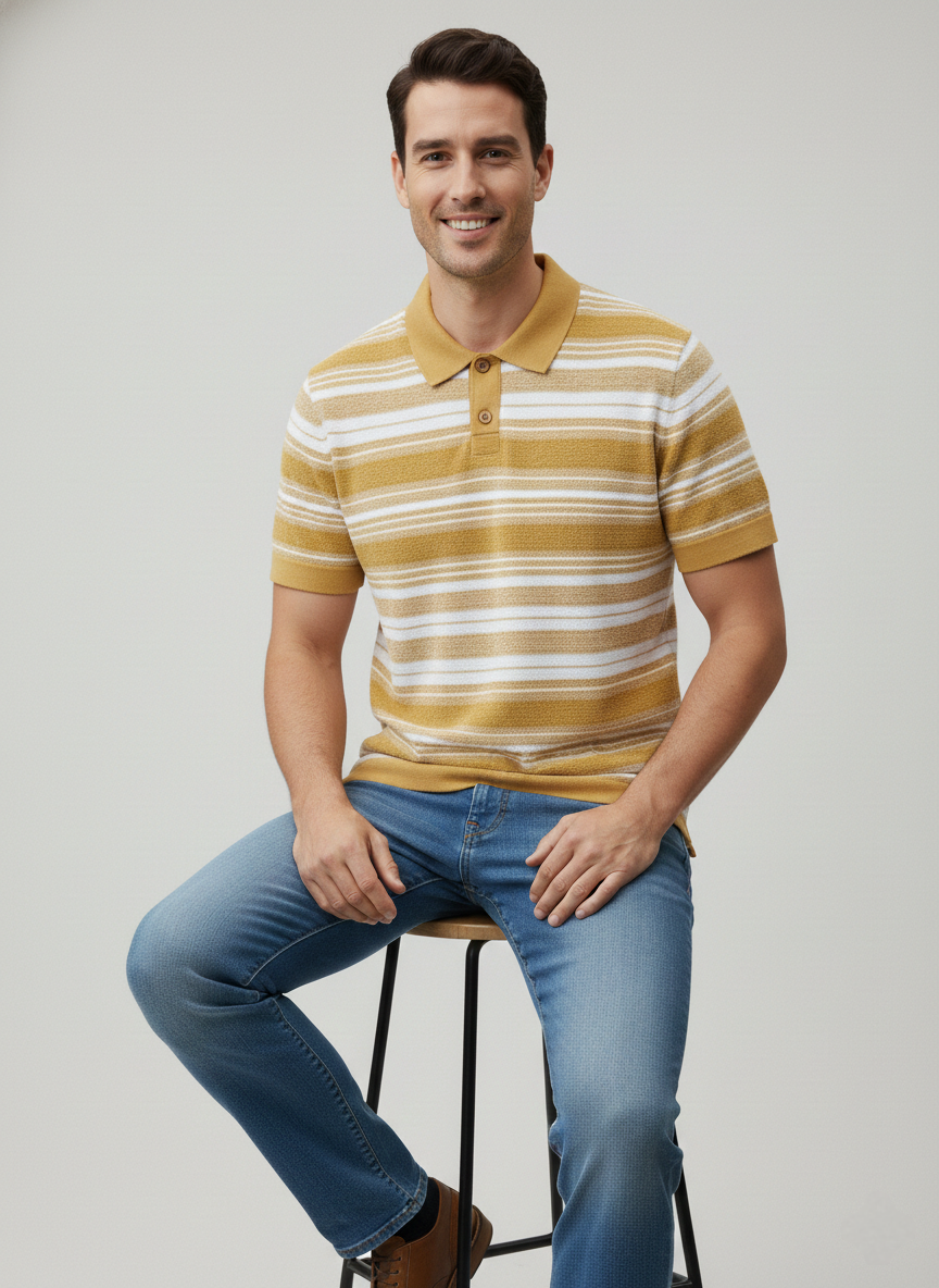 Yellow White Striped Towel Knitted Polo T-shirt