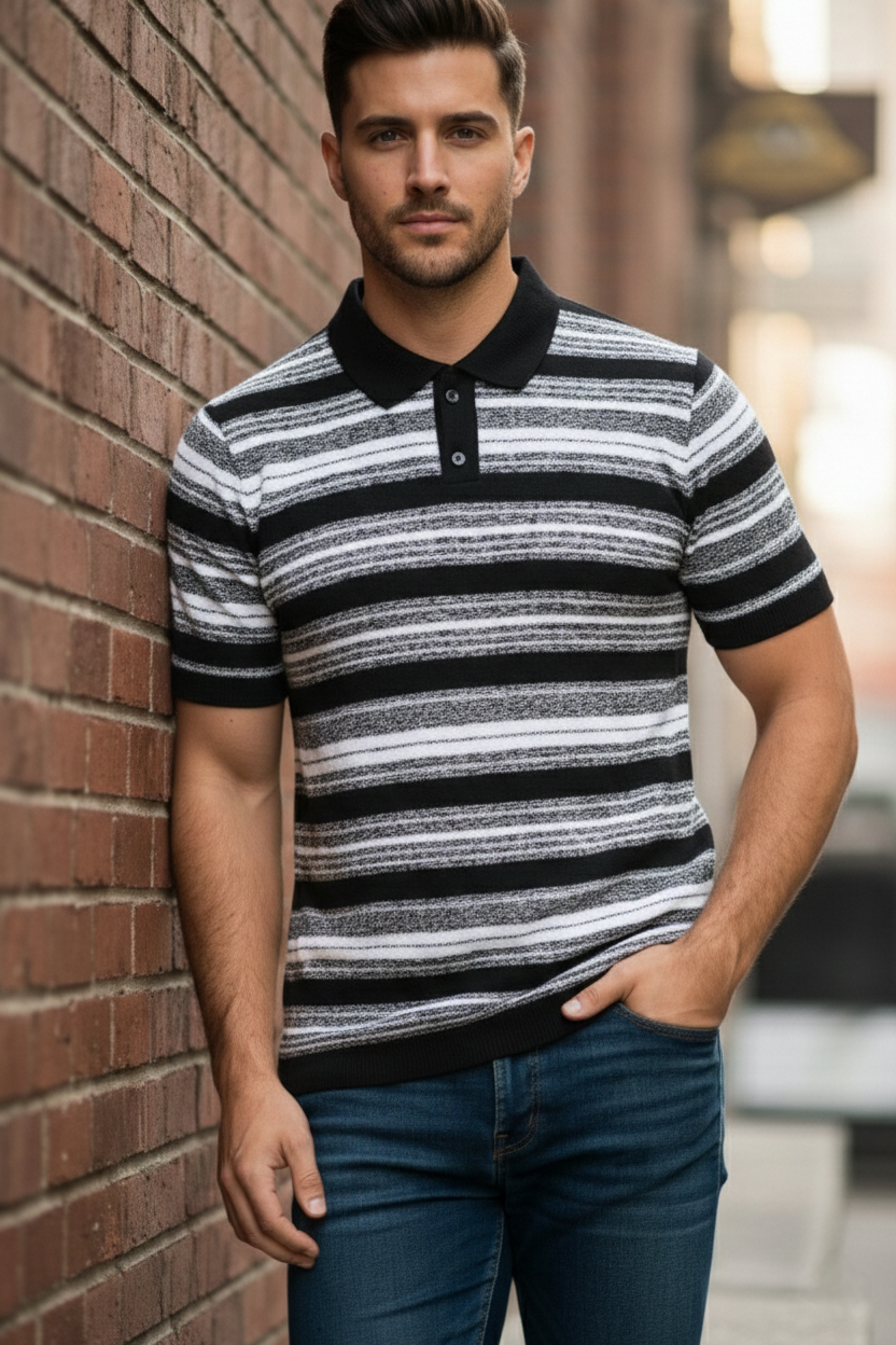 Black White Striped Towel Knitted Polo T-shirt