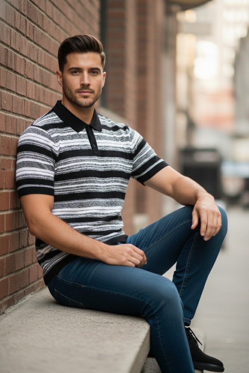 Black White Striped Towel Knitted Polo T-shirt