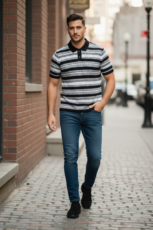 Black White Striped Towel Knitted Polo T-shirt