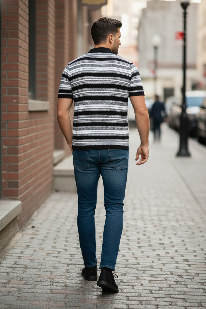 Black White Striped Towel Knitted Polo T-shirt