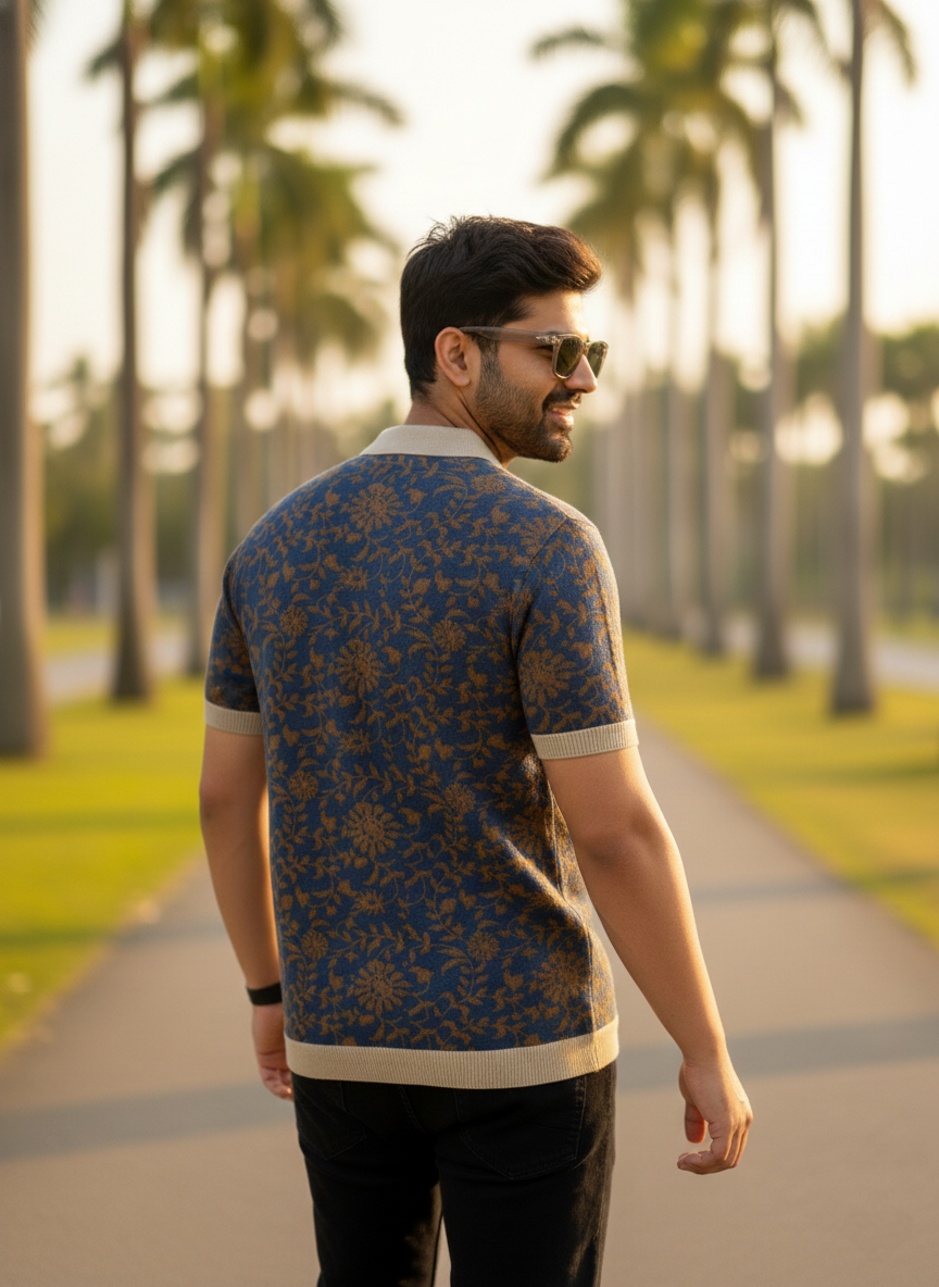 Beautiful Floral Old Money Style Knitted Polo T-shirt