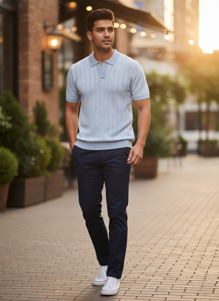SkyBlue Premium Knitted Self Textured Polo T-shirt