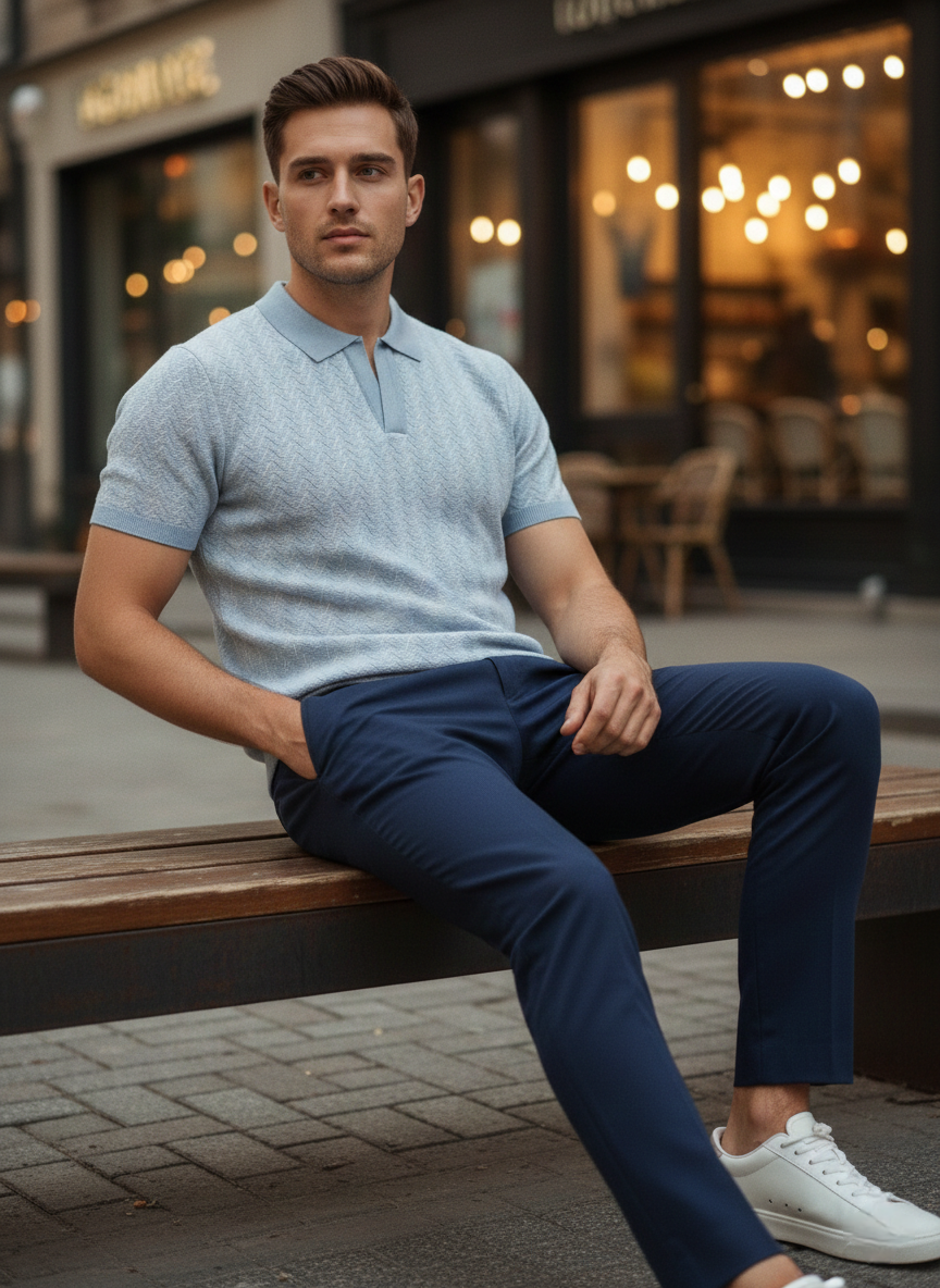 SkyBlue Premium Knitted Self Textured Polo T-shirt