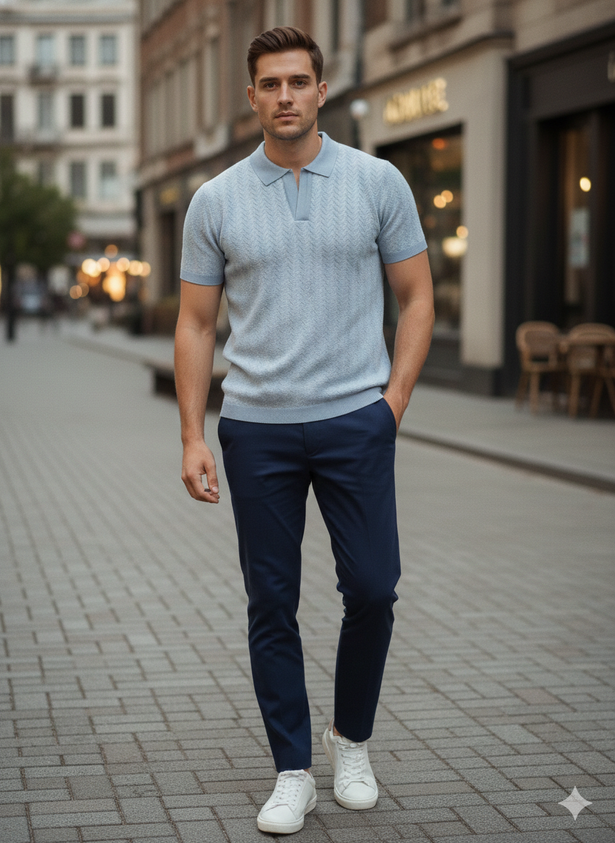 SkyBlue Premium Knitted Self Textured Polo T-shirt