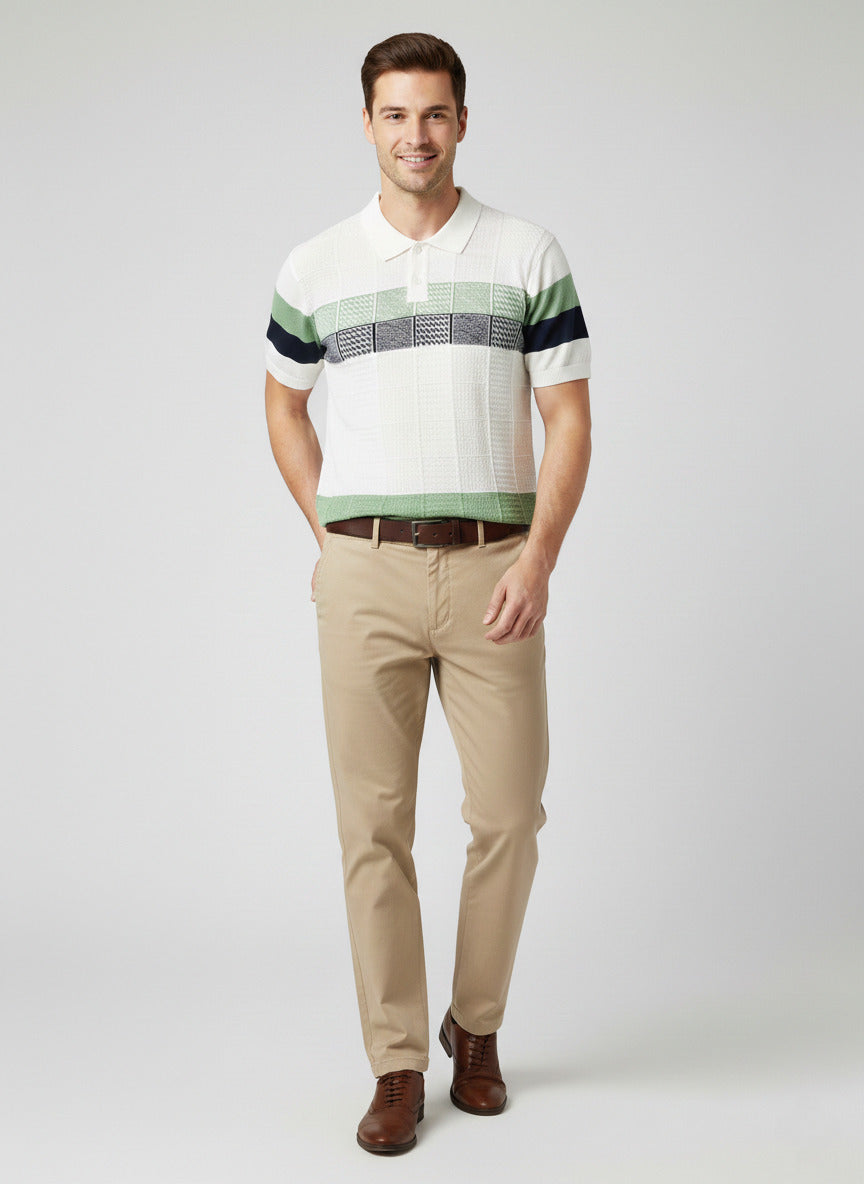 White Green Self Textured Towel Knitted Polo T-shirt
