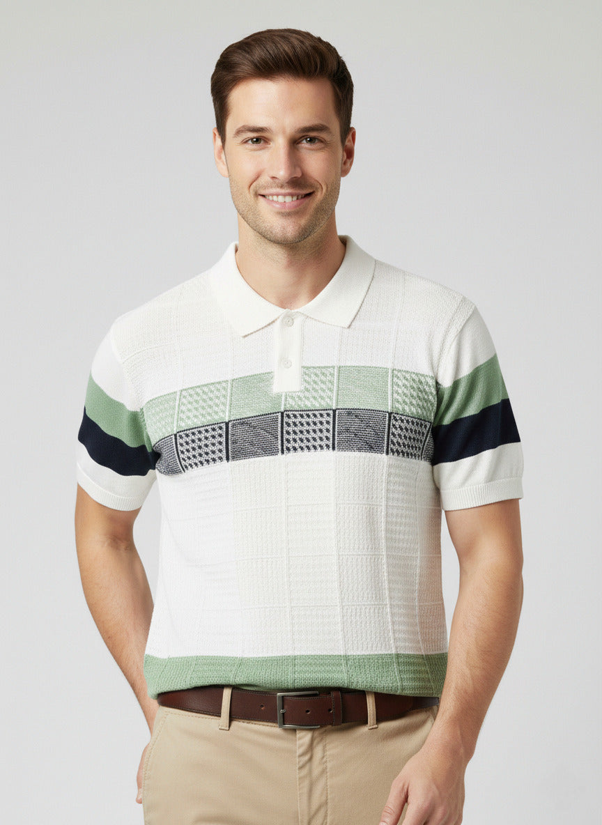White Green Self Textured Towel Knitted Polo T-shirt