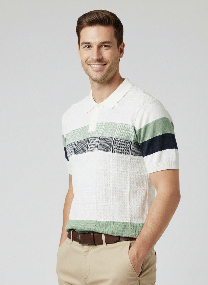 White Green Self Textured Towel Knitted Polo T-shirt