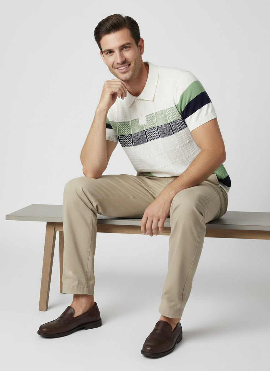 White Green Self Textured Towel Knitted Polo T-shirt