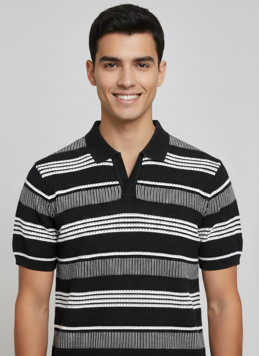 Black White Textured Net Designer Polo T-shirt