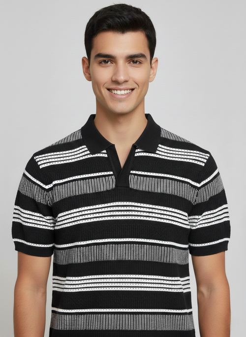 Black White Textured Net Designer Polo T-shirt