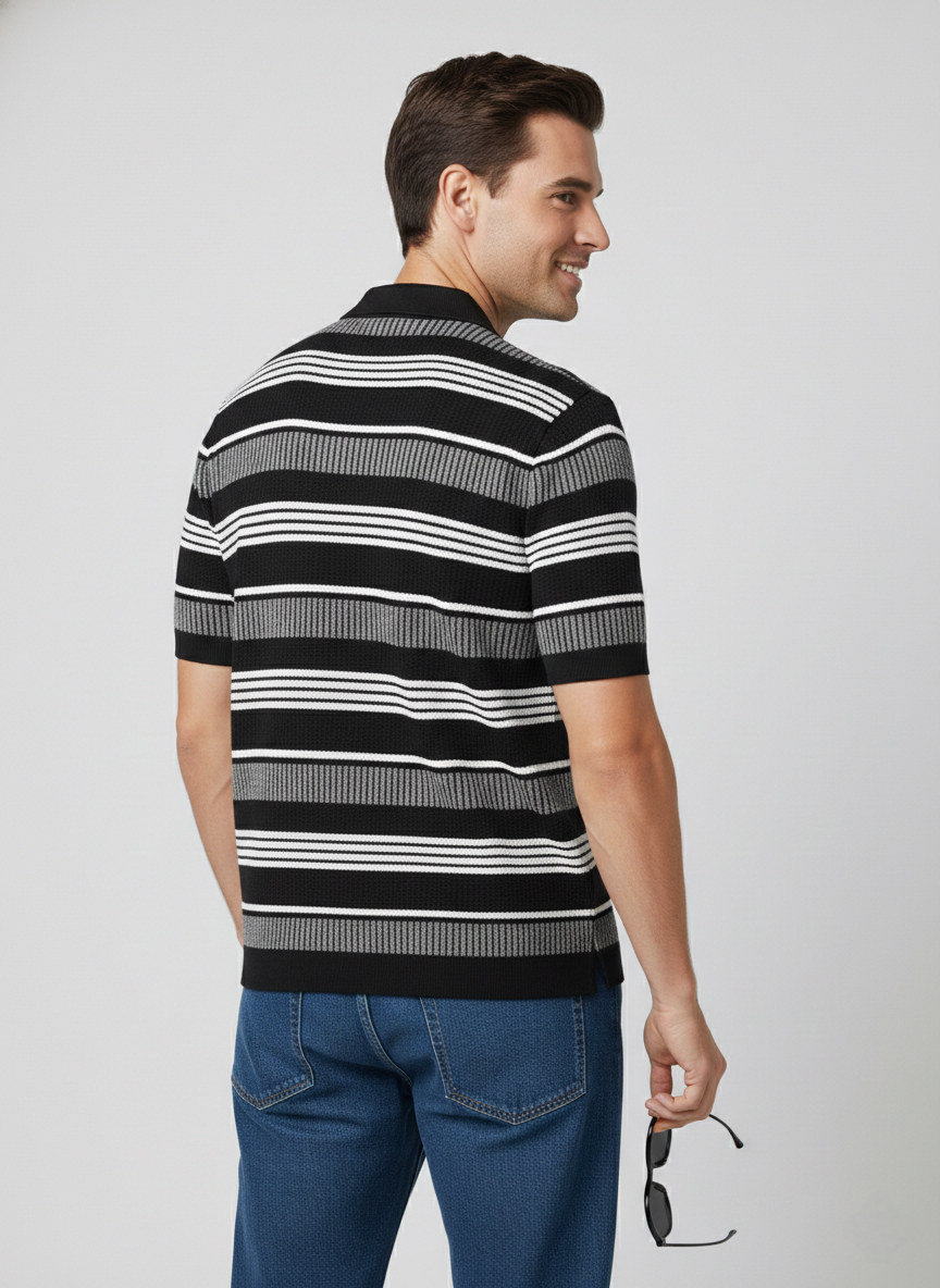 Black White Textured Net Designer Polo T-shirt