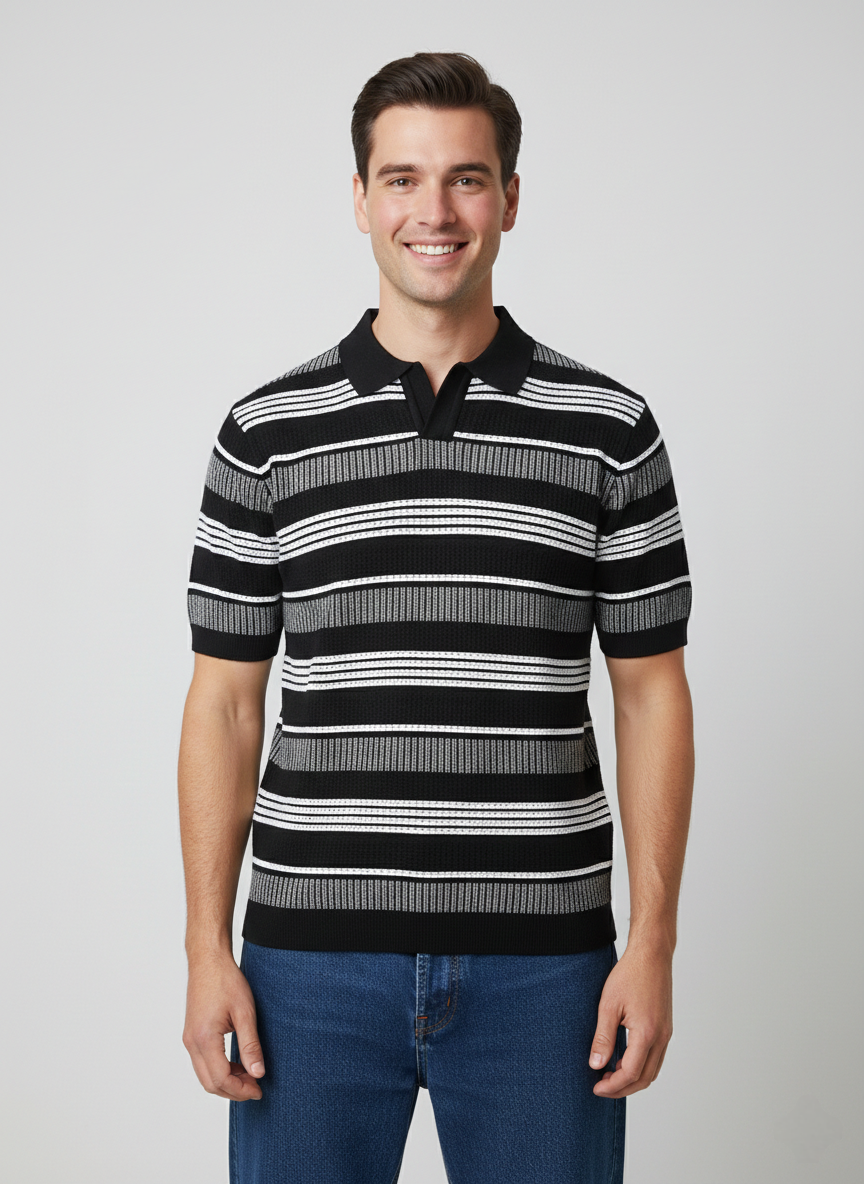 Black White Textured Net Designer Polo T-shirt