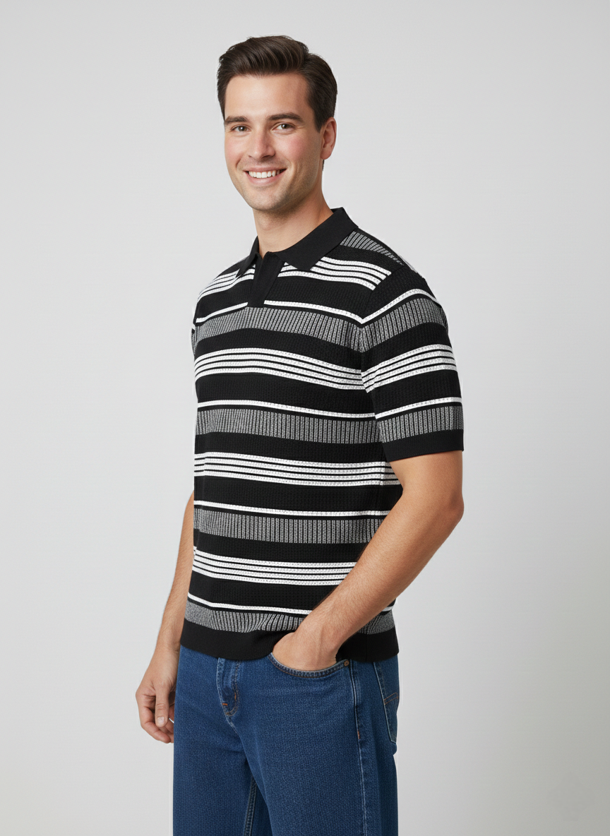 Black White Textured Net Designer Polo T-shirt