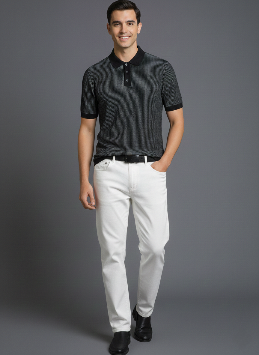 Party Wear Black Striped Knitted Polo T-shirt