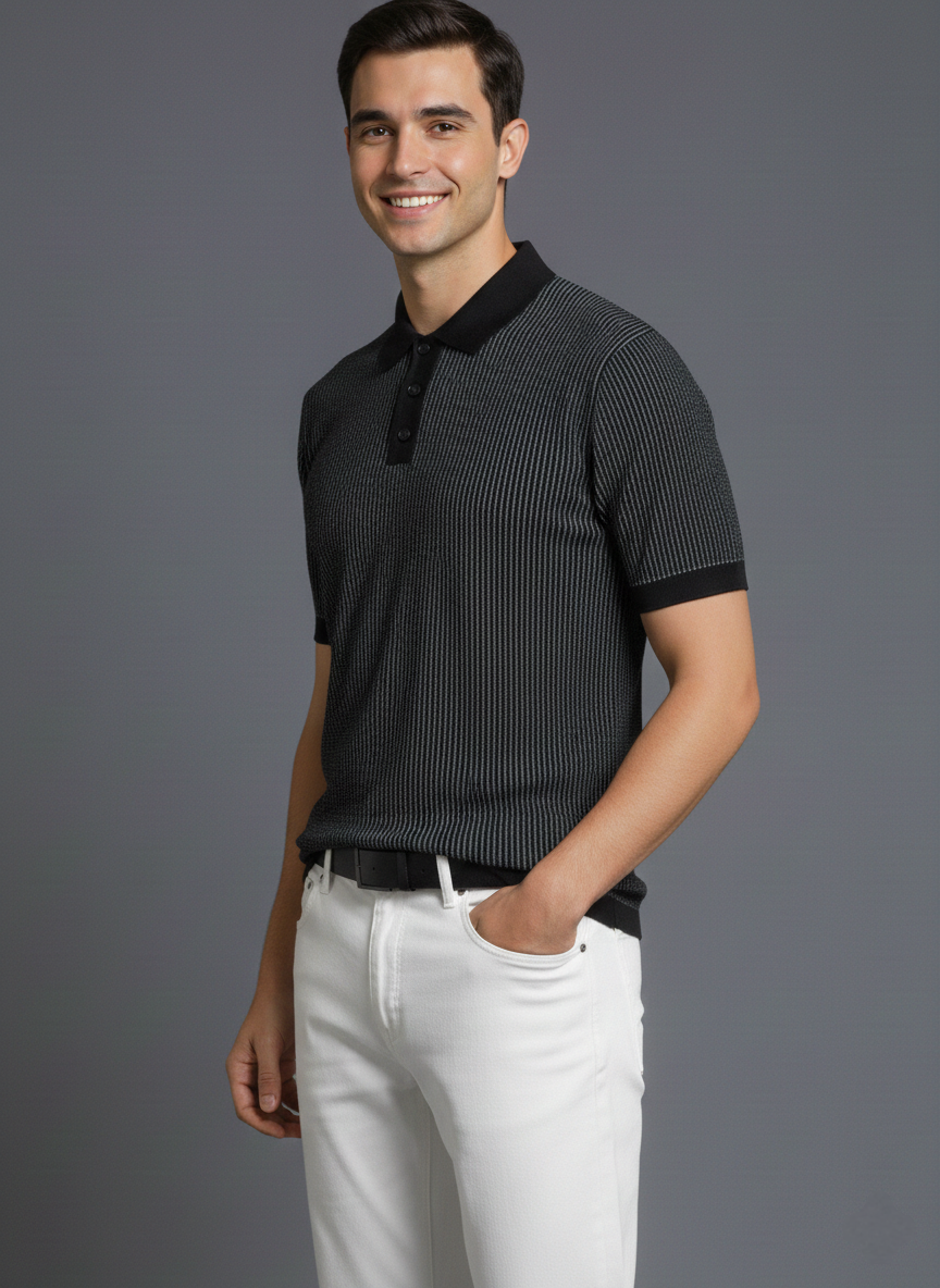 Party Wear Black Striped Knitted Polo T-shirt