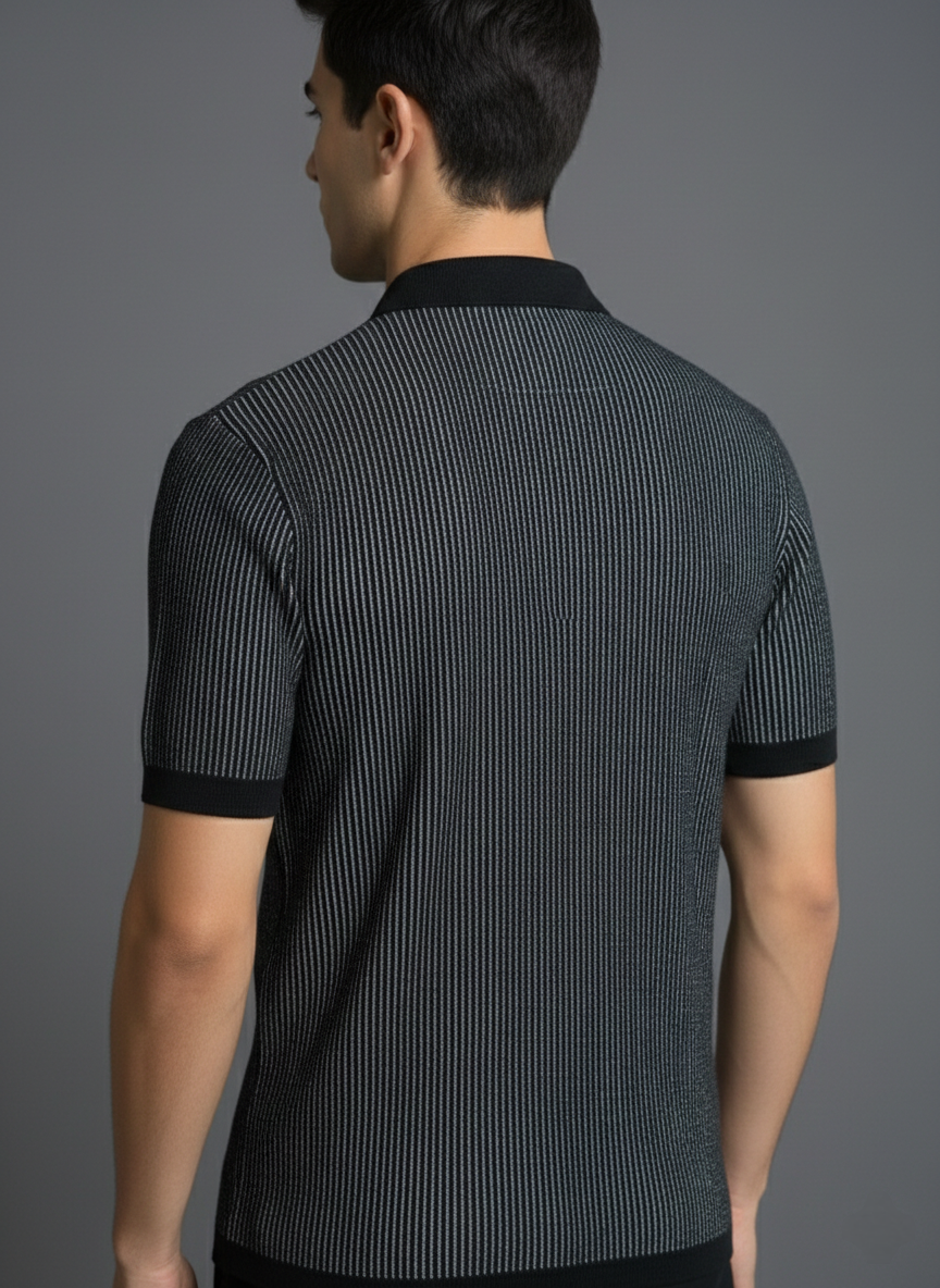 Party Wear Black Striped Knitted Polo T-shirt