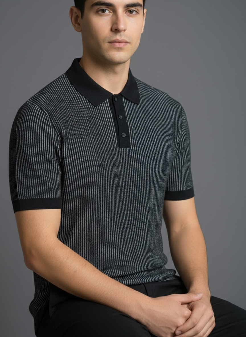 Party Wear Black Striped Knitted Polo T-shirt
