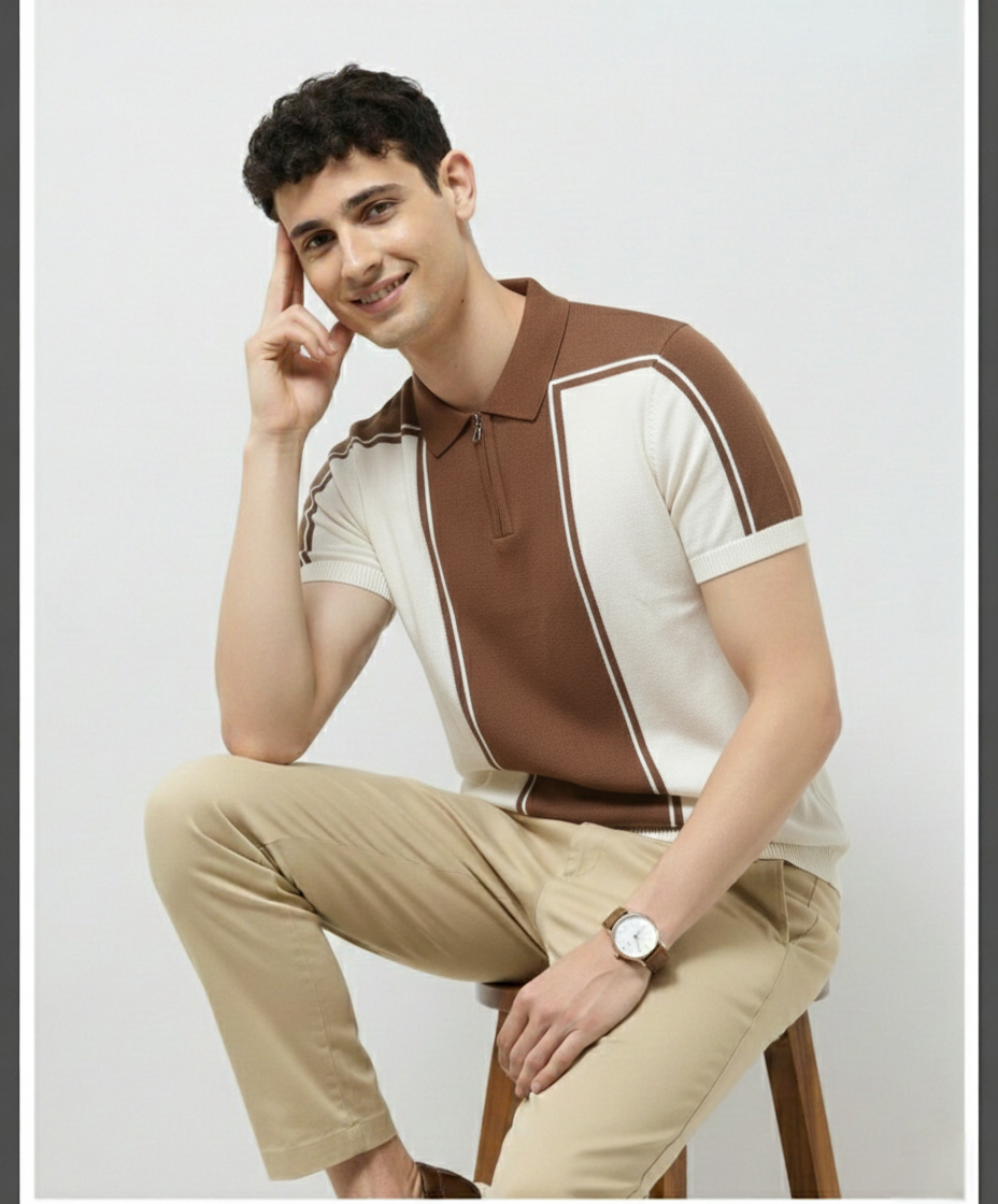 Brown White Brand Knitted Polo Cotton T-shirt