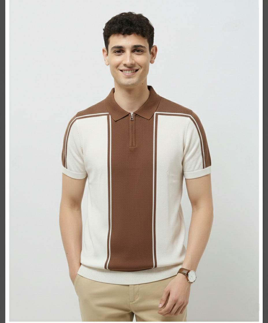 Brown White Brand Knitted Polo Cotton T-shirt