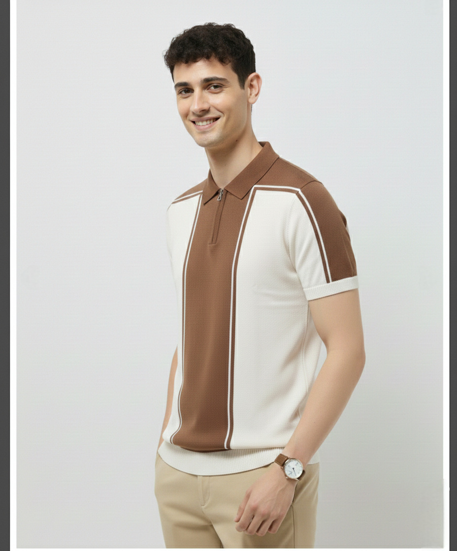 Brown White Brand Knitted Polo Cotton T-shirt