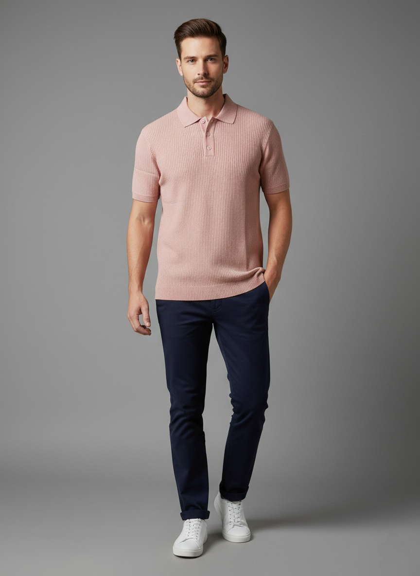 Pink White Striped Knitted Polo Cotton T-shirt